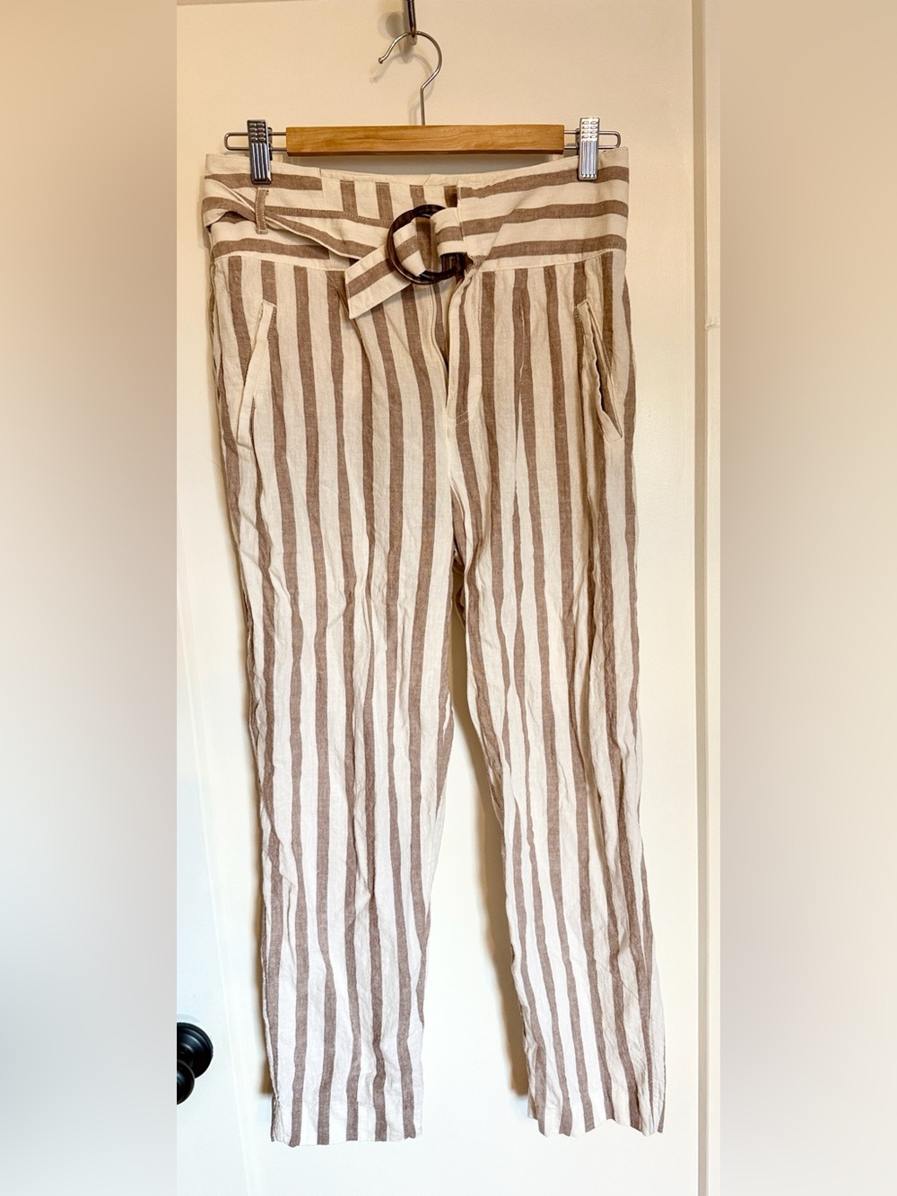 Anthropologie Beige and White Striped Cropped Pants